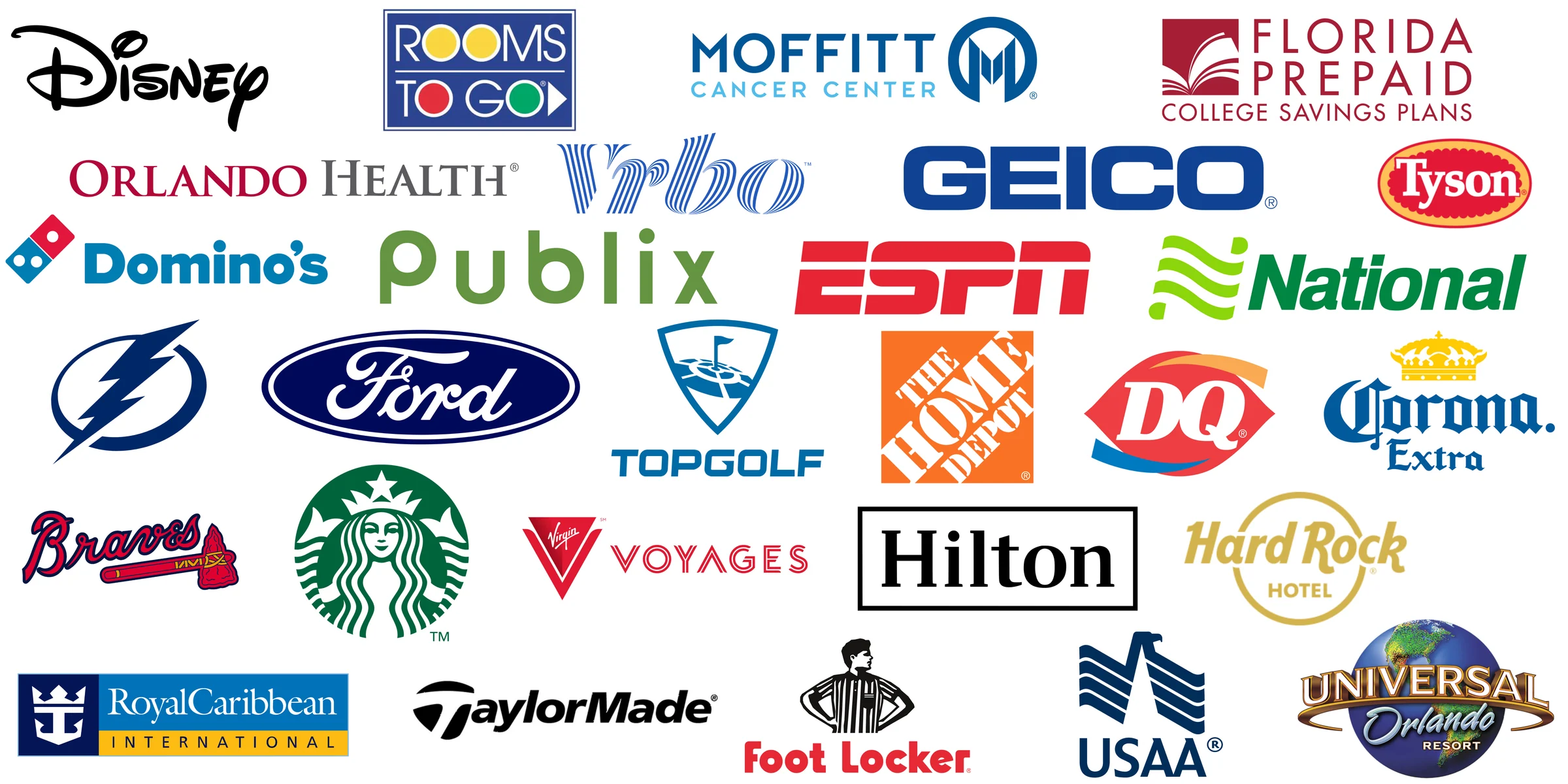 Brands that Level Talent Group talent has worked with, including Disney, ESPN, Publix, GEICO, Ford, Starbucks, Hilton, Universal Orlando, Royal Caribbean and USAA.